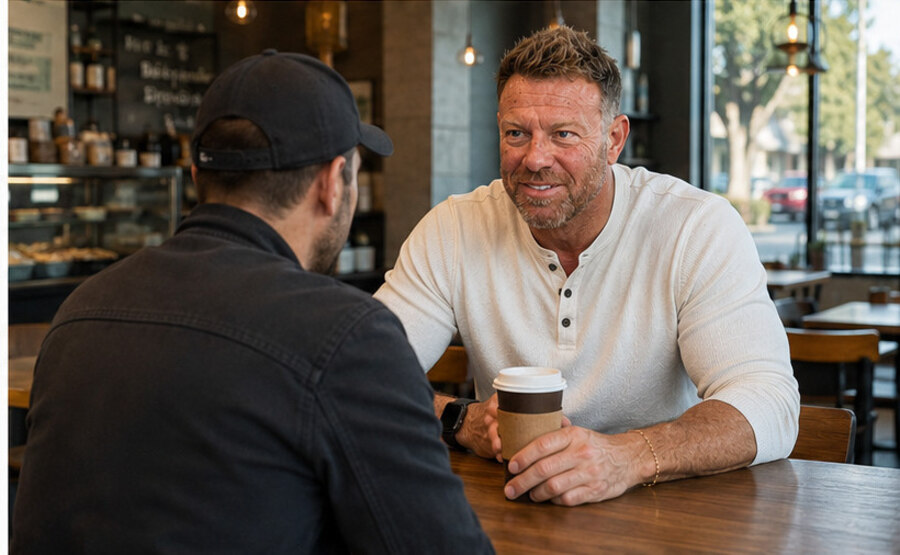 Mike Fortin in a 1-on-1 coaching conversation over coffee