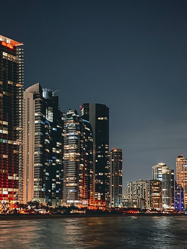 Miami skyline from the water at night